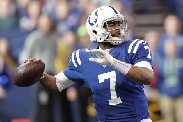 Indianapolis Colts quarterback Jacoby Brissett throws during the first half of an NFL football game against the Houston Texans, Sunday, Dec. 31, 2017, in Indianapolis. (AP Photo/Michael Conroy)