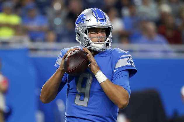 Detroit Lions quarterback Matthew Stafford throws against the New York Giants during the first half of a preseason NFL football game, Friday, Aug. 17, 2018, in Detroit. (AP Photo/Paul Sancya)