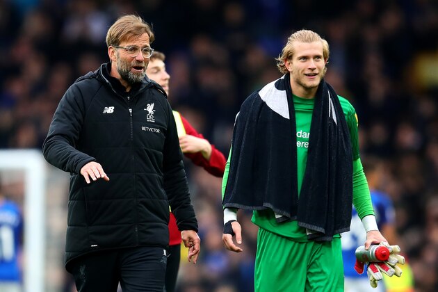 LIVERPOOL, ENGLAND - APRIL 07: Liverpool manager Jurgen Klopp chats with Loris Karius following the Premier League match between Everton and Liverpool at Goodison Park on April 7, 2018 in Liverpool, England. (Photo by Chris Brunskill Ltd/Getty Images)