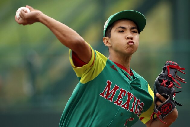 Mexico's starting pitcher Alberto Gomez (17) delivers a pitch against South Korea in the first inning of an International pool play baseball game at the Little League World Series tournament in South Williamsport, Pa., Sunday, Aug. 19, 2018. (AP Photo/Tom E. Puskar)