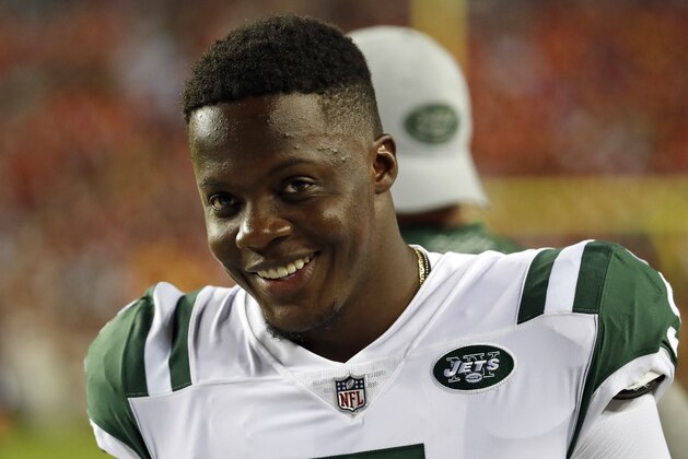 New York Jets quarterback Teddy Bridgewater (5) smiles on the sidelines during the first half of a preseason NFL football game against the Washington Redskins, Thursday, Aug. 16, 2018, in Landover, Md. (AP Photo/Alex Brandon)