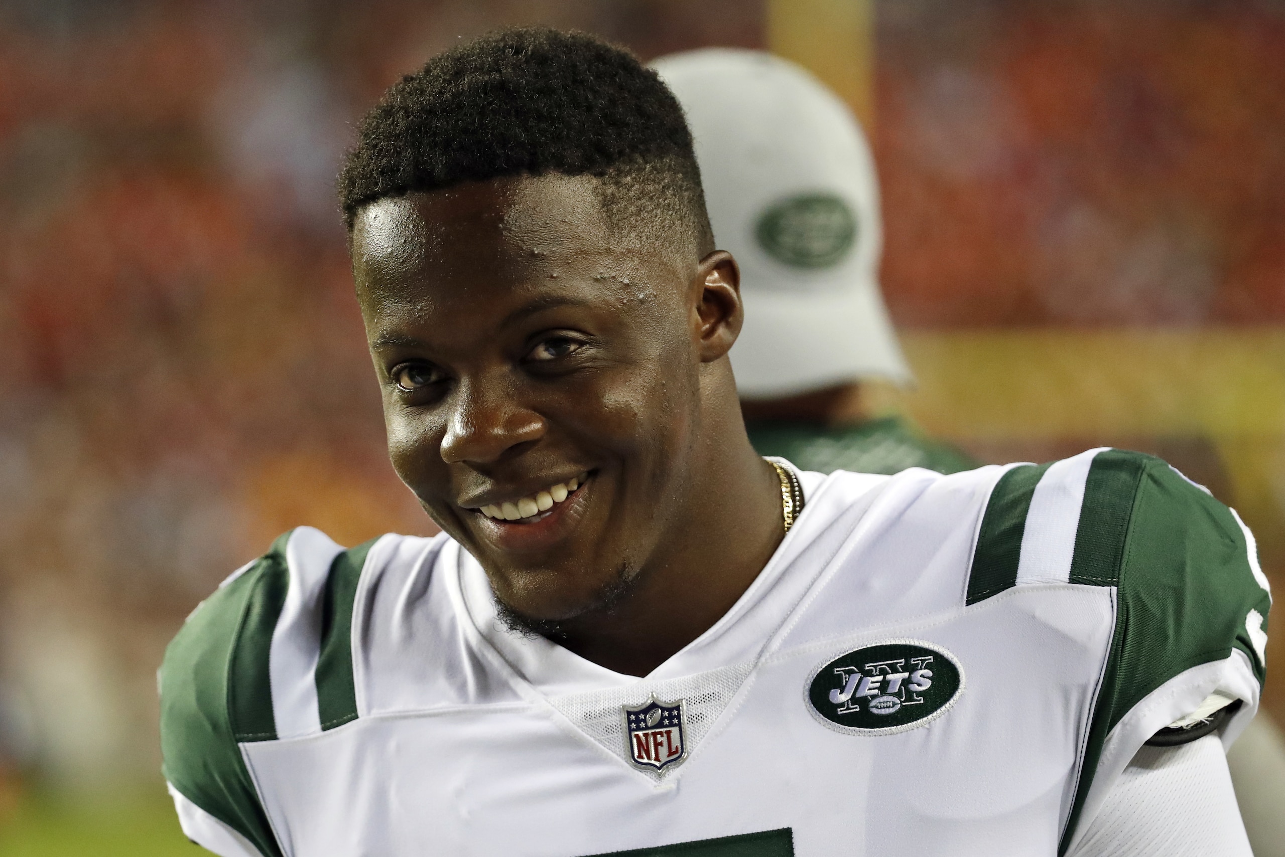 New York Jets quarterback Teddy Bridgewater (5) smiles on the sidelines during the first half of a preseason NFL football game against the Washington Redskins, Thursday, Aug. 16, 2018, in Landover, Md. (AP Photo/Alex Brandon)