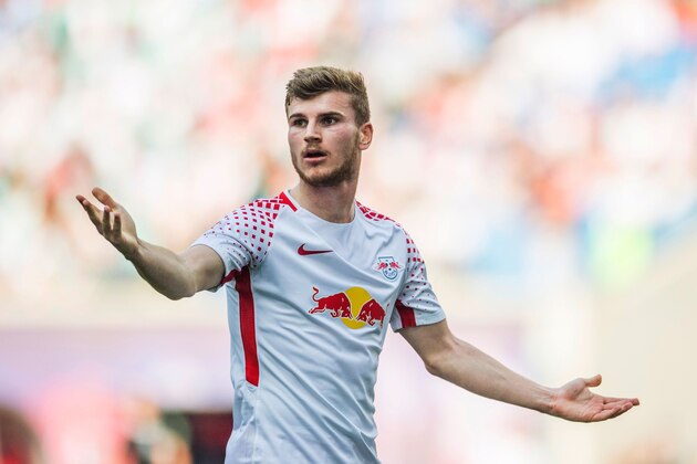 Leipzig's German forward Timo Werner gestures during the German first division Bundesliga football match between RB Leipzig and TSG Hoffenheim in Leipzig, eastern Germany on April 21, 2018. (Photo by ROBERT MICHAEL / AFP) / RESTRICTIONS: DURING MATCH TIME: DFL RULES TO LIMIT THE ONLINE USAGE TO 15 PICTURES PER MATCH AND FORBID IMAGE SEQUENCES TO SIMULATE VIDEO. == RESTRICTED TO EDITORIAL USE == FOR FURTHER QUERIES PLEASE CONTACT DFL DIRECTLY AT + 49 69 650050 / RESTRICTIONS: DURING MATCH TIME: DFL RULES TO LIMIT THE ONLINE USAGE TO 15 PICTURES PER MATCH AND FORBID IMAGE SEQUENCES TO SIMULATE VIDEO. == RESTRICTED TO EDITORIAL USE == FOR FURTHER QUERIES PLEASE CONTACT DFL DIRECTLY AT + 49 69 650050        (Photo credit should read ROBERT MICHAEL/AFP/Getty Images)
