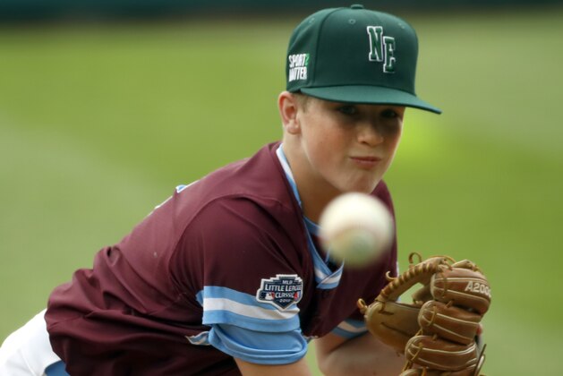 Coventry, Rhode Island's starting pitcher Tommy Turner delivers a pitch against Australia in the first inning of an consolation baseball game at the Little League World Series tournament in South Williamsport, Pa., Monday, Aug. 20, 2018. Coventry, Rhode Island won the game 15-0. (AP Photo/Tom E. Puskar)