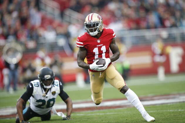 SANTA CLARA, CA - DECEMBER 24: Marquise Goodwin #11 of the San Francisco 49ers runs after making a reception during the game against the Jacksonville Jaguars at Levi's Stadium on December 24, 2017 in Santa Clara, California. The 49ers defeated the Jaguars 44-33. (Photo by Michael Zagaris/San Francisco 49ers/Getty Images)