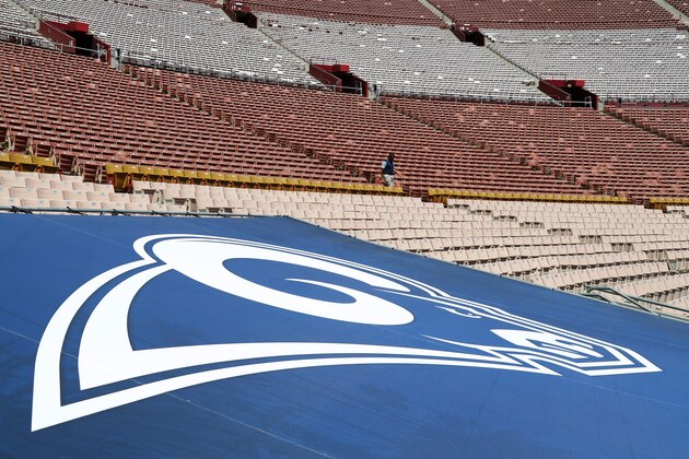 The Los Angeles Rams logo is shown at Los Angeles Memorial Coliseum prior to the opening of the gates for a preseason NFL football game between the Los Angeles Rams and the Dallas Cowboys, Saturday, Aug. 13, 2016, in Los Angles. (AP Photo/Ryan Kang)
