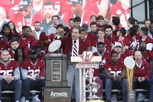 Alabama head coach Nick Saban speaks to fans during the NCAA college football national championship celebration, Saturday, Jan. 20, 2018, in Tuscaloosa, Ala. Alabama won the national championship game against Georgia 26-23 in overtime. (AP Photo/Brynn Anderson)