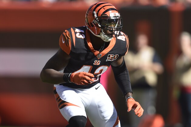 Cincinnati Bengals free safety George Iloka (43) defends against the Cleveland Browns during an NFL football game, Sunday, Oct. 1, 2017, in Cleveland. Cincinnati won 31-7. (AP Photo/David Richard)