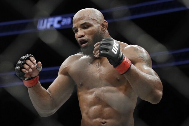 Yoel Romero fights Robert Whittaker in a middleweight championship mixed martial arts bout at UFC 213, Saturday, July 8, 2017, in Las Vegas. (AP Photo/John Locher)
