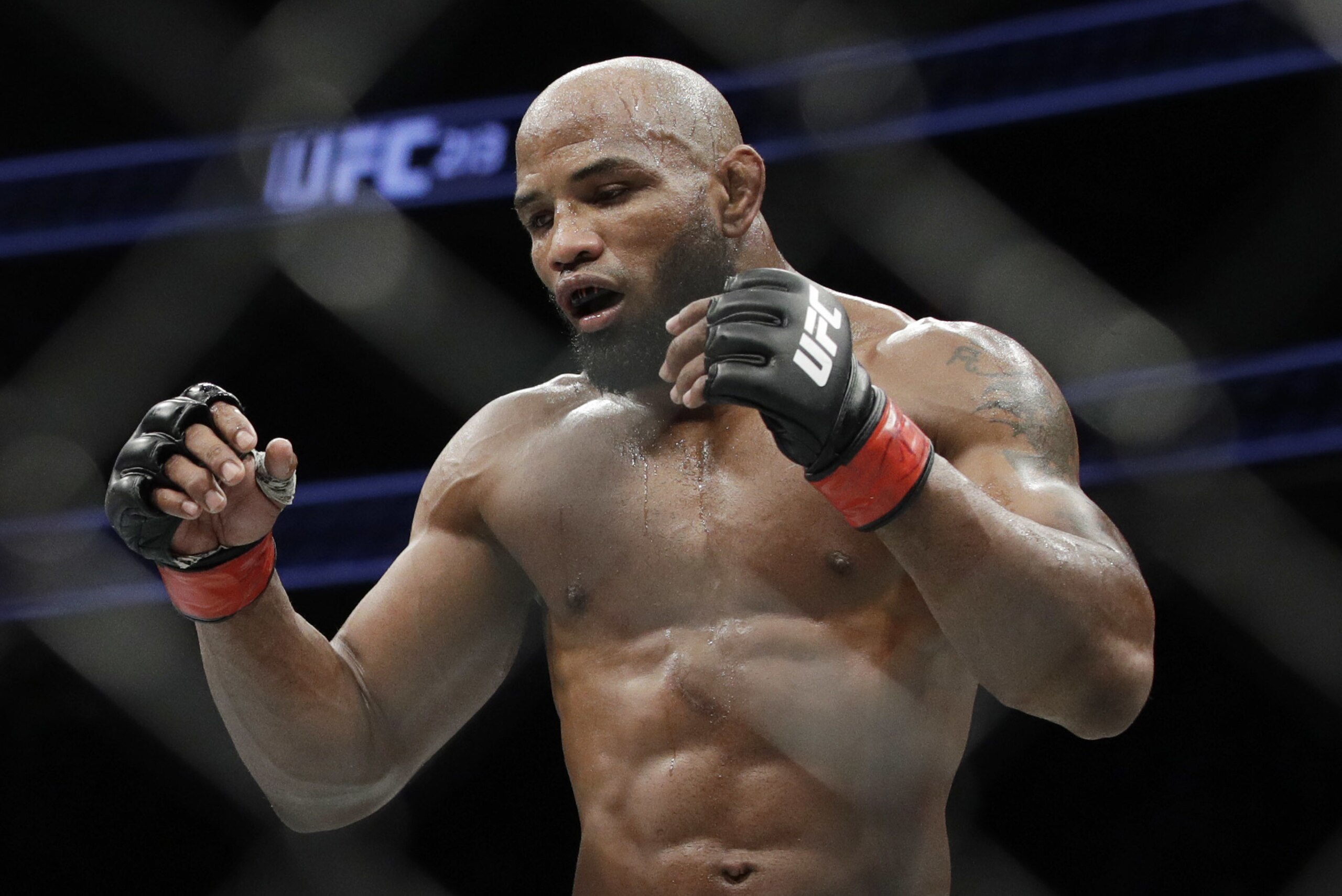 Yoel Romero fights Robert Whittaker in a middleweight championship mixed martial arts bout at UFC 213, Saturday, July 8, 2017, in Las Vegas. (AP Photo/John Locher)