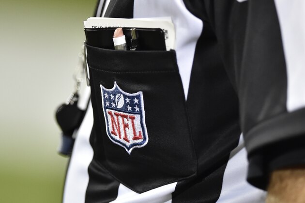 A detailed view of the shirt of NFL field judge Greg Gautreaux during the Pro Football Hall of Fame NFL preseason game between the Chicago Bears and the Baltimore Ravens Thursday, Aug. 2, 2018, in Canton, Ohio. The Ravens won 17-16. (AP Photo/David Richard)