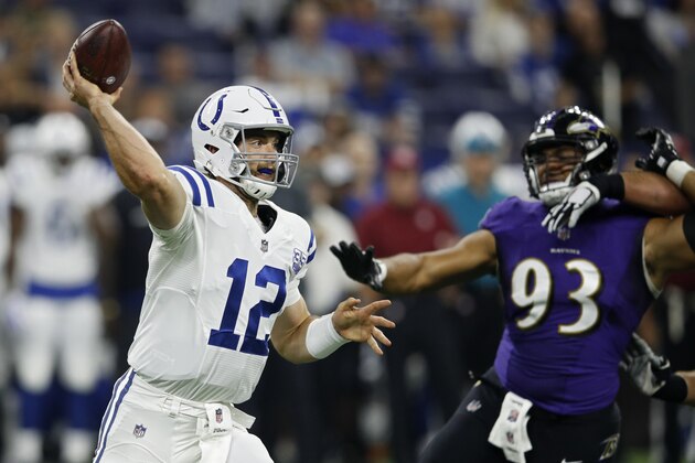 INDIANAPOLIS, IN - AUGUST 20: Andrew Luck #12 of the Indianapolis Colts throws a pass in the first quarter of a preseason game against the Baltimore Ravens at Lucas Oil Stadium on August 20, 2018 in Indianapolis, Indiana. (Photo by Joe Robbins/Getty Images)