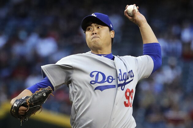 Los Angeles Dodgers starting pitcher Hyun-Jin Ryu (99) throws against the Arizona Diamondbacks during the first inning of a baseball game Wednesday, May 2, 2018, in Phoenix. (AP Photo/Matt York)