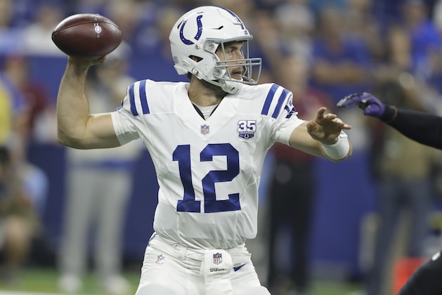 Indianapolis Colts quarterback Andrew Luck throws in the first half of an NFL preseason football game against the Baltimore Ravens in Indianapolis, Monday, Aug. 20, 2018. (AP Photo/Darron Cummings)