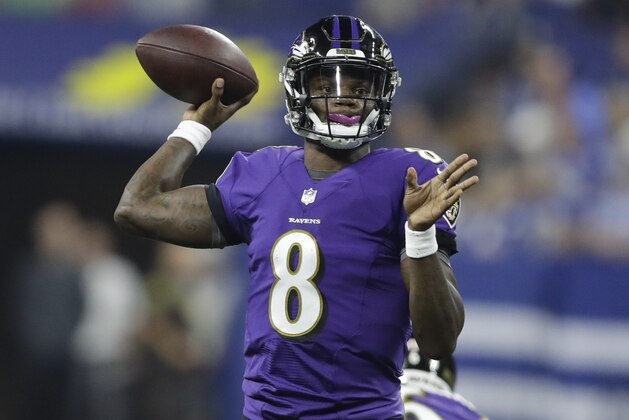 Baltimore Ravens quarterback Lamar Jackson (8) throws against the Indianapolis Colts in the first half of an NFL preseason football game in Indianapolis, Monday, Aug. 20, 2018. (AP Photo/Darron Cummings)