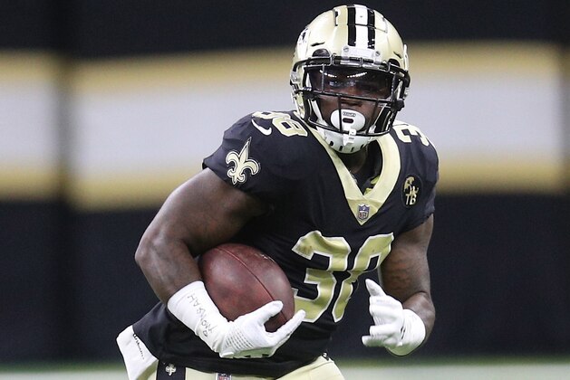NEW ORLEANS, LA - AUGUST 17:  Terrance West #38 of the New Orleans Saints at Mercedes-Benz Superdome on August 17, 2018 in New Orleans, Louisiana.  (Photo by Chris Graythen/Getty Images)