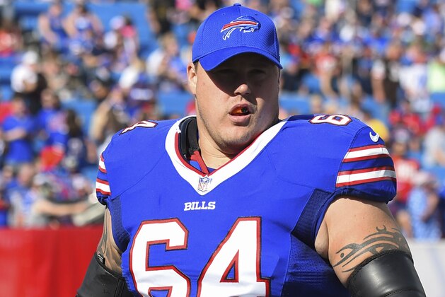 Buffalo Bills offensive guard Richie Incognito (64) on the sidelines before an NFL football game against the Tampa Bay Buccaneers Sunday, Oct. 22, 2017, in Orchard Park, N.Y. (AP Photo/Rich Barnes)