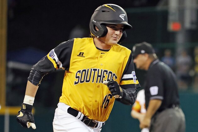 Peachtree City, Georgia's Jansen Kenty (16) rounds third after hitting a solo home run off Houston, Texas' Ethan Goldstein in the sixth inning during an elimination baseball game in United States pool play at the Little League World Series tournament in South Williamsport, Pa., Monday, Aug. 20, 2018. Georgia won 7-6, eliminating Texas. (AP Photo/Gene J. Puskar)