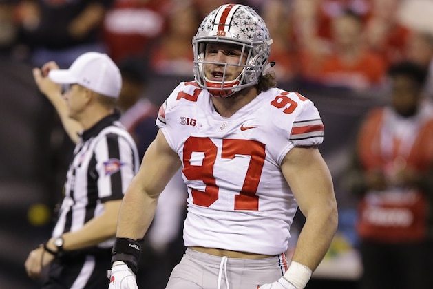 Ohio State's Nick Bosa celebrates after Wisconsin quarterback Alex Hornibrook was sacked during the second half of the Big Ten championship NCAA college football game, Saturday, Dec. 2, 2017, in Indianapolis. (AP Photo/Michael Conroy)