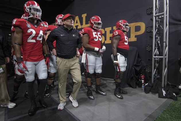 ATLANTA, GA - JANUARY 08: Head coach Kirby Smart of the Georgia Bulldogs takes the field against the University of Alabama during the College Football Playoff National Championship held at Mercedes-Benz Stadium on January 8, 2018 in Atlanta, Georgia. (Photo by Jamie Schwaberow/Getty Images)