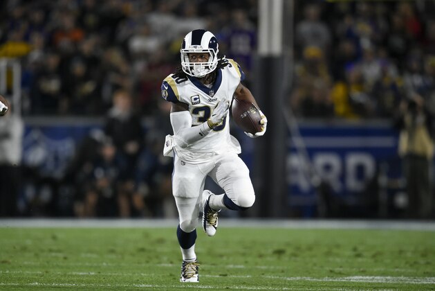Los Angeles Rams running back Todd Gurley II in action during the first half of an NFL football wild-card playoff game against the Atlanta Falcons Saturday, Jan. 6, 2018, in Los Angeles. (AP Photo/Kelvin Kuo)