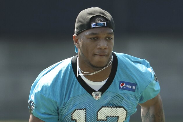 Carolina Panthers' D.J. Moore runs a drill during the NFL football team's rookie camp in Charlotte, N.C., Friday, May 11, 2018. (AP Photo/Chuck Burton)