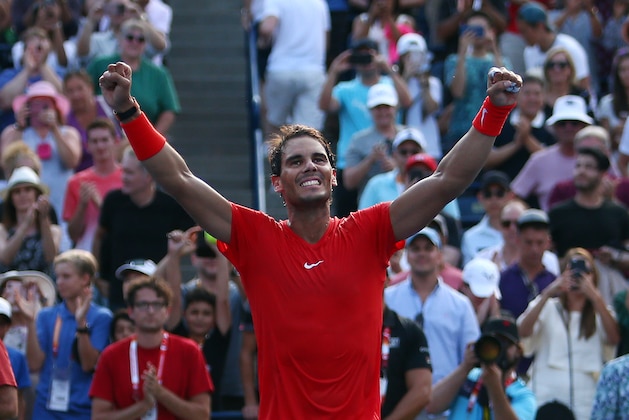 TORONTO, ON - AUGUST 12:  Rafael Nadal of Spain celebrates victory against Stefanos Tsitsipas of Greece during the final match on Day 7 of the Rogers Cup at Aviva Centre on August 12, 2018 in Toronto, Canada.  (Photo by Vaughn Ridley/Getty Images)