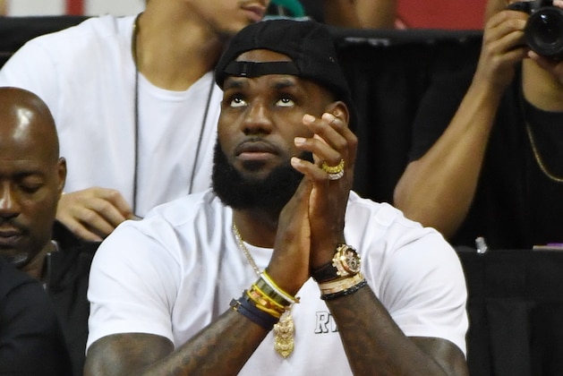 LAS VEGAS, NV - JULY 15:  LeBron James of the Los Angeles Lakers attends a quarterfinal game of the 2018 NBA Summer League between the Lakers and the Detroit Pistons at the Thomas & Mack Center on July 15, 2018 in Las Vegas, Nevada. NOTE TO USER: User expressly acknowledges and agrees that, by downloading and or using this photograph, User is consenting to the terms and conditions of the Getty Images License Agreement.  (Photo by Ethan Miller/Getty Images)