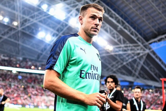 SINGAPORE - JULY 28: Aaron Ramsey #8 of Arsenal looks during the International Champions Cup match between Arsenal and Paris Saint Germain at the National Stadium on July 28, 2018 in Singapore.  (Photo by Thananuwat Srirasant/Getty Images  for ICC)
