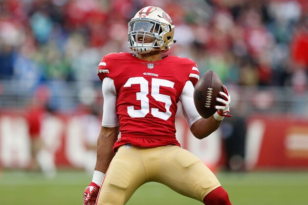 SANTA CLARA, CA - NOVEMBER 26: Eric Reid #35 celebrates after intercepting a pass against the Seattle Seahawks at Levi's Stadium on November 26, 2017 in Santa Clara, California. (Photo by Lachlan Cunningham/Getty Images)