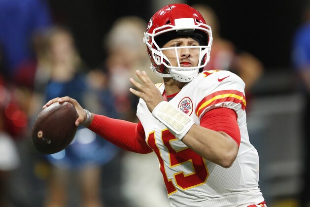 Kansas City Chiefs quarterback Patrick Mahomes (15) works against the Atlanta Falcons during the first half of an NFL preseason football game, Friday, Aug. 17, 2018, in Atlanta. (AP Photo/John Bazemore)