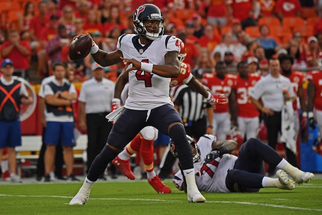 KANSAS CITY, MO - AUGUST 09:  Quarterback Deshaun Watson #4 of the Houston Texans drops back to pass during the first half against the Kansas City Chiefs at Arrowhead Stadium on August 9, 2018 in Kansas City, Missouri. (Photo by Peter G. Aiken/Getty Images)