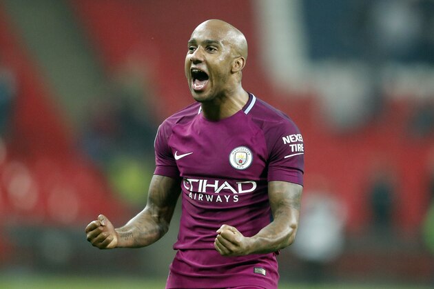 Manchester City's Fabian Delph during the English Premier League soccer match between Tottenham Hotspur and Manchester City at Wembley stadium in London, England, Saturday, April 14, 2018. (AP Photo/Frank Augstein)