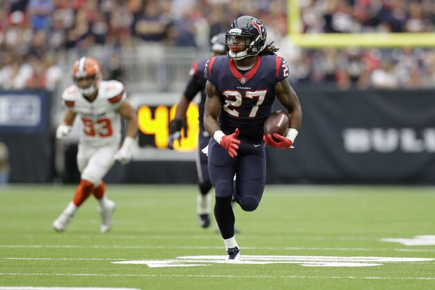Houston Texans running back D'Onta Foreman (27) runs against the Cleveland Browns during an NFL football game, Sunday, Oct. 15, 2017, in Houston. (AP Photo/Eric Gay)