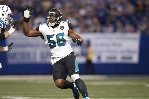 INDIANAPOLIS, IN - OCTOBER 22: Dante Fowler Jr. #56 of the Jacksonville Jaguars in action during a game against the Indianapolis Colts at Lucas Oil Stadium on October 22, 2017 in Indianapolis, Indiana. Jacksonville won 27-0. (Photo by Joe Robbins/Getty Images)
