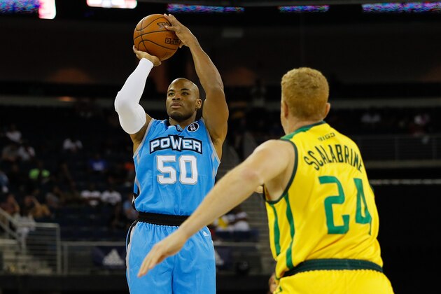 DULUTH, GA - AUGUST 10:  Corey Maggette #50 of the Power shoots a jumper over Brian Scalabrine #24 of the Ball Hogs during week eight of the BIG3 three on three basketball league at Infinite Energy Arena on August 10, 2018 in Duluth, Georgia.  (Photo by Kevin C. Cox/Getty Images)