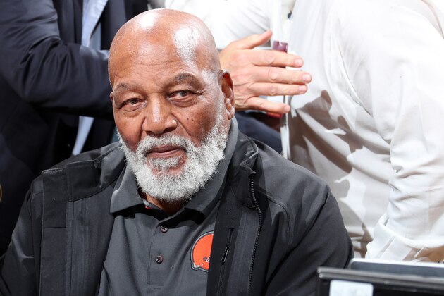 CLEVELAND, OH - MAY 21: Jim Brown, NFL legend, attends Game Four of the Eastern Conference Finals between the Boston Celtics and the Cleveland Cavaliers during the 2018 NBA Playoffs on May 21, 2018 at Quicken Loans Arena in Cleveland, Ohio.  NOTE TO USER: User expressly acknowledges and agrees that, by downloading and or using this Photograph, user is consenting to the terms and conditions of the Getty Images License Agreement. Mandatory Copyright Notice: Copyright 2018 NBAE (Photo by Nathaniel S. Butler/NBAE via Getty Images)