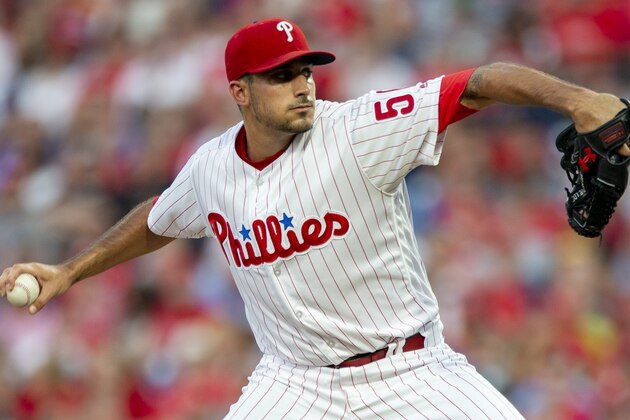 Philadelphia Phillies starting pitcher Zach Eflin throws during the first inning of the team's baseball game against the Miami Marlins, Saturday, Aug. 4, 2018, in Philadelphia. (AP Photo/Laurence Kesterson)