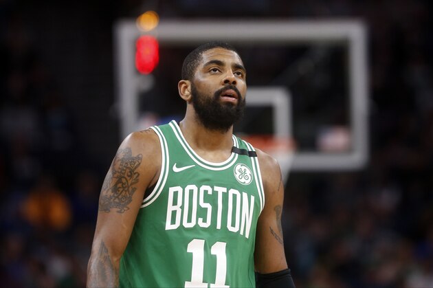 Boston Celtics's Kyrie Irving plays against the Minnesota Timberwolves in an NBA basketball game Thursday, March 8, 2018, in St. Paul, Minn. (AP Photo/Jim Mone)