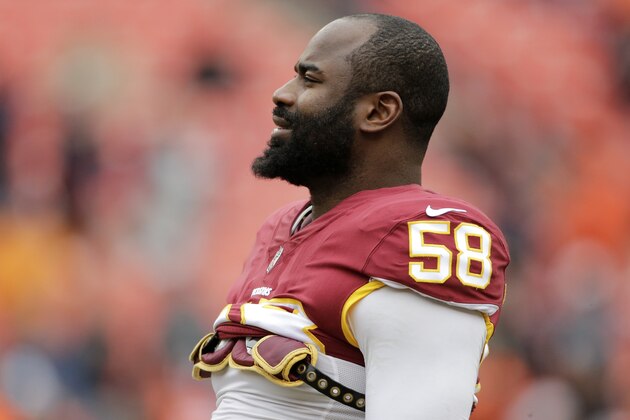 Washington Redskins linebacker Junior Galette warms up prior to during an NFL football game against the Denver Broncos, Sunday, Dec. 24, 2017, in Landover, Md. (AP Photo/Mark Tenally)