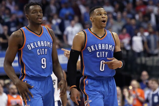 Oklahoma City Thunder guard Russell Westbrook (0) reacts to a play next to teammate Jerami Grant (9) during the second half of an NBA basketball game against the Dallas Mavericks in Dallas, Monday, March 27, 2017. The Thunder won 92-91. (AP Photo/LM Otero)