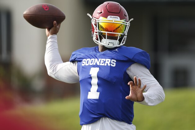 Oklahoma quarterback Kyler Murray throws during an NCAA college football practice in Norman, Okla., Thursday, Aug. 16, 2018. (AP Photo/Sue Ogrocki)