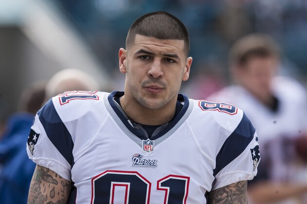 JACKSONVILLE, FL - DECEMBER 23: Tight end Aaron Hernandez #81 of the New England Patriots looks on during an NFL game against the Jacksonville Jaguars at EverBank Field on December 23, 2012 in Jacksonville, Florida. (Photo by Michael DeHoog/Sports Imagery/ Getty Images)