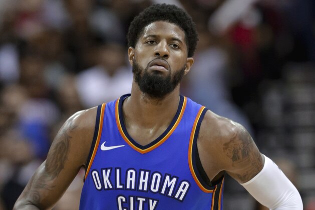 Oklahoma City Thunder forward Paul George (13) during the second half of an NBA basketball game against the Houston Rockets Saturday, April 7, 2018, in Houston. (AP Photo/Michael Wyke)