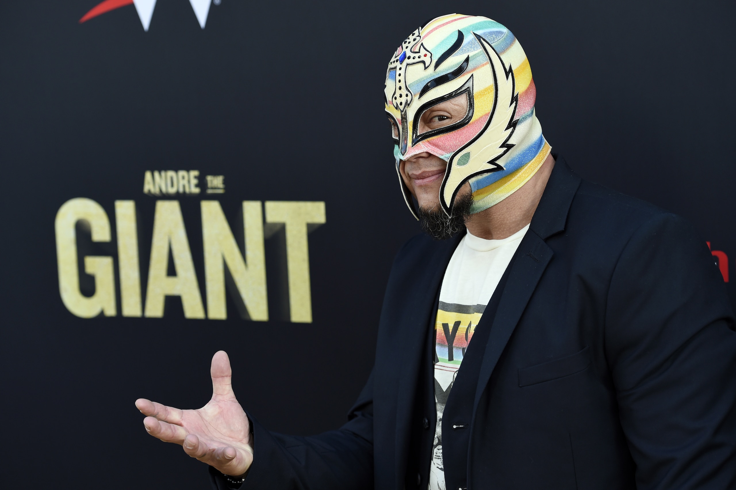 Professional wrestler Rey Mysterio poses at the premiere of the HBO documentary film