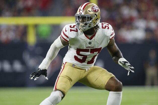 HOUSTON, TX - AUGUST 18: Eli Harold #57 of the San Francisco 49ers defends during the game against the Houston Texans at NRG Stadium on August 18, 2018 in Houston, Texas. The Texans defeated the 49ers 16-13. (Photo by Michael Zagaris/San Francisco 49ers/Getty Images)