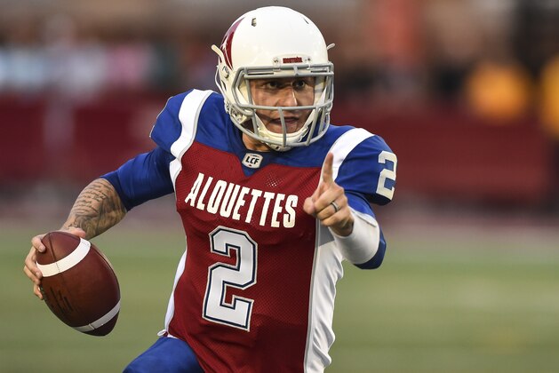 MONTREAL, QC - AUGUST 03:  Quarterback Johnny Manziel #2 of the Montreal Alouettes runs with the ball against the Hamilton Tiger-Cats during the CFL game at Percival Molson Stadium on August 3, 2018 in Montreal, Quebec, Canada.  The Hamilton Tiger-Cats defeated the Montreal Alouettes 50-11.  (Photo by Minas Panagiotakis/Getty Images)
