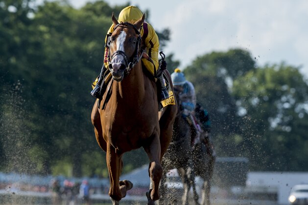 OCEANPORT, NJ - JULY 29: Good Magic, #6, ridden by Jose Ortiz, wins the Haskell Invitational Stakes on Haskell Invitational Day at Monmouth Park Race Course on July 29, 2018 in Oceanport, New Jersey. (Photo by Scott Serio/Eclipse Sportswire/Getty Images)