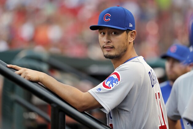 Chicago Cubs pitcher Yu Darvish stands in the dugout before the team's baseball game against the St. Louis Cardinals on Saturday, June 16, 2018, in St. Louis. (AP Photo/Jeff Roberson)