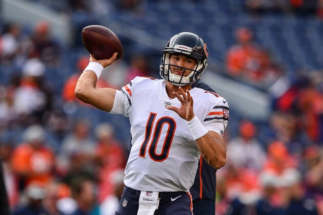 DENVER, CO - AUGUST 18:  Quarterback Mitchell Trubisky #10 of the Chicago Bears throws as he warms up before a  preseason game against the Denver Broncos during an NFL preseason game at Broncos Stadium at Mile High on August 18, 2018 in Denver, Colorado. (Photo by Dustin Bradford/Getty Images)